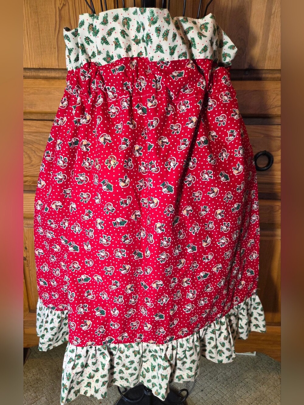 VTG Handmade Half Apron Gathered Christmas Mouse Pine Cones Red Green One Size